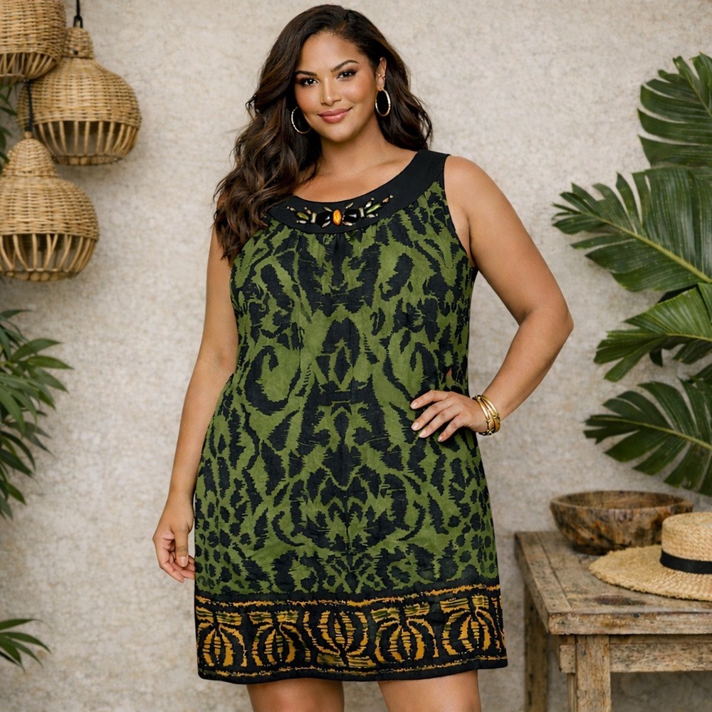 Y2K Dressbarn Shift Dress Plus Sz 22 Green Black‎ Beaded Neckline Boho Artsy